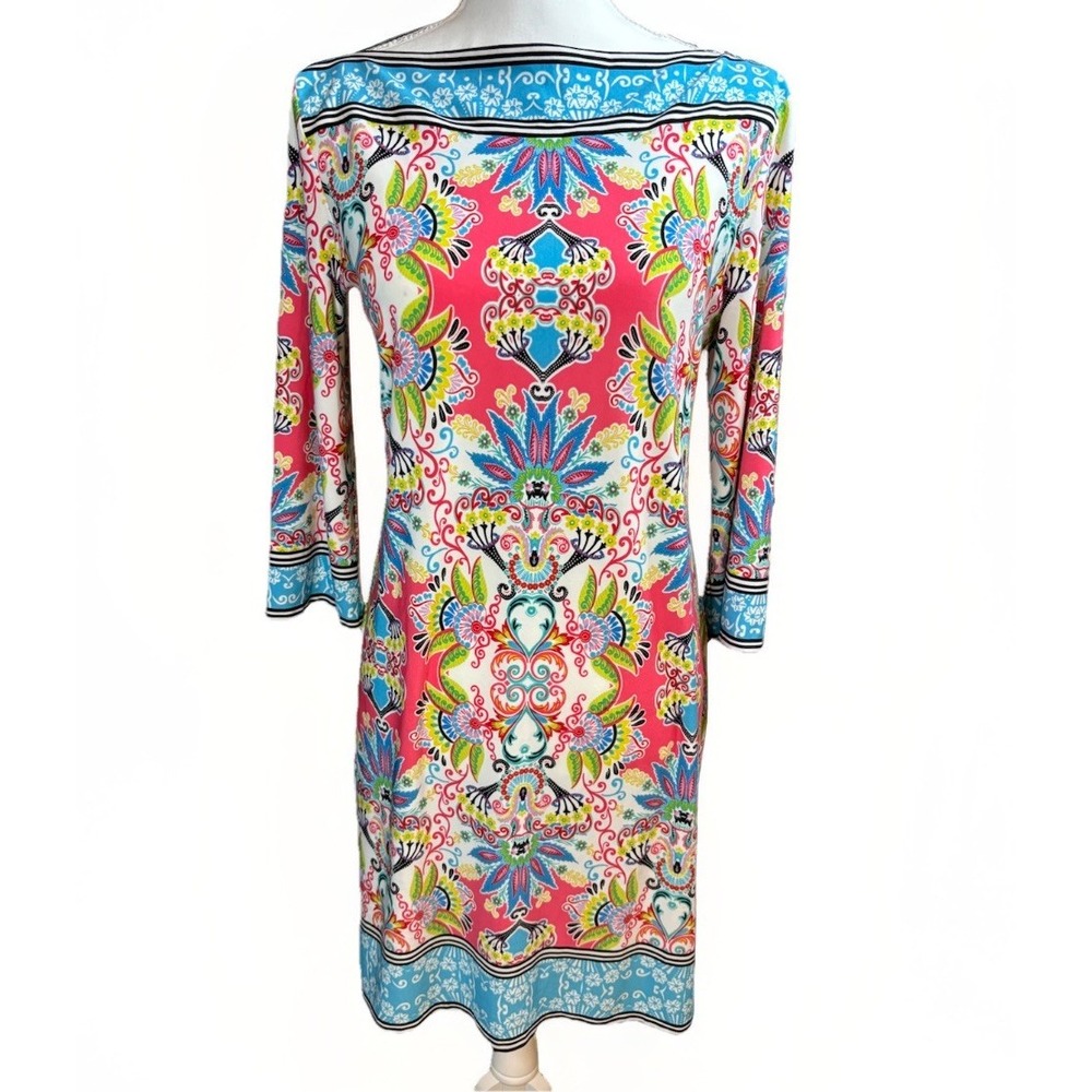 Sandra Darren Sheath Dress Womens Size 8 Pink Blue Paisley Excellent 3/4 Sleeve